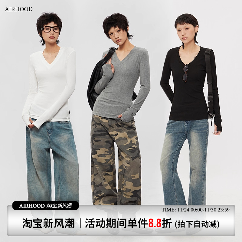 AIRHOOD 美式长袖紧身打底衫女春秋季白色V领修身t恤韩系内搭上衣