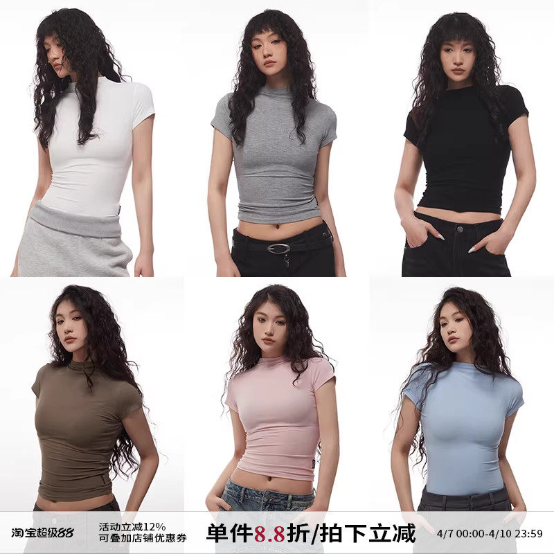 AIRHOOD正肩美式修身显瘦纯色半高领短款上衣辣妹紧身短袖T恤夏季