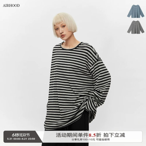 AIRHOOD 2025秋季oversize时尚条纹t恤女长袖宽松慵懒松弛感上衣