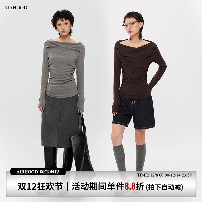 AIRHOOD 露肩一字领不规则长袖T恤女春秋斜肩收腰设计感内搭上衣