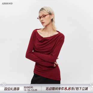 辣妹荡领上衣 T恤女红色露肩内搭长袖 AIRHOOD春秋季 2025一字肩修身