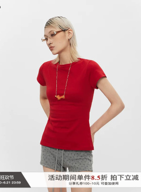 AIRHOOD 夏季多巴胺ins显白红色上衣女短袖显身材修身正肩t恤纯棉
