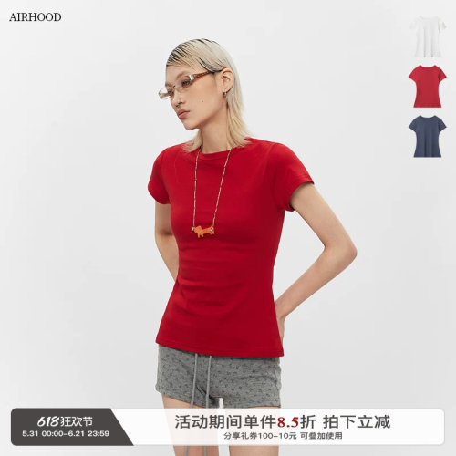 AIRHOOD 夏季多巴胺ins显白红色上衣女短袖显身材修身正肩t恤纯棉
