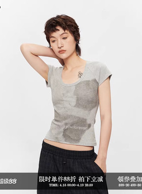 AIRHOOD 2025美式夏季复古小熊印花U领辣妹短袖t恤女短款正肩上衣