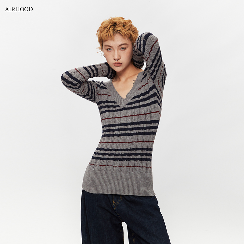 AIRHOOD 2025秋冬美式复古条纹V领针织衫毛衣女修身内搭打底上衣