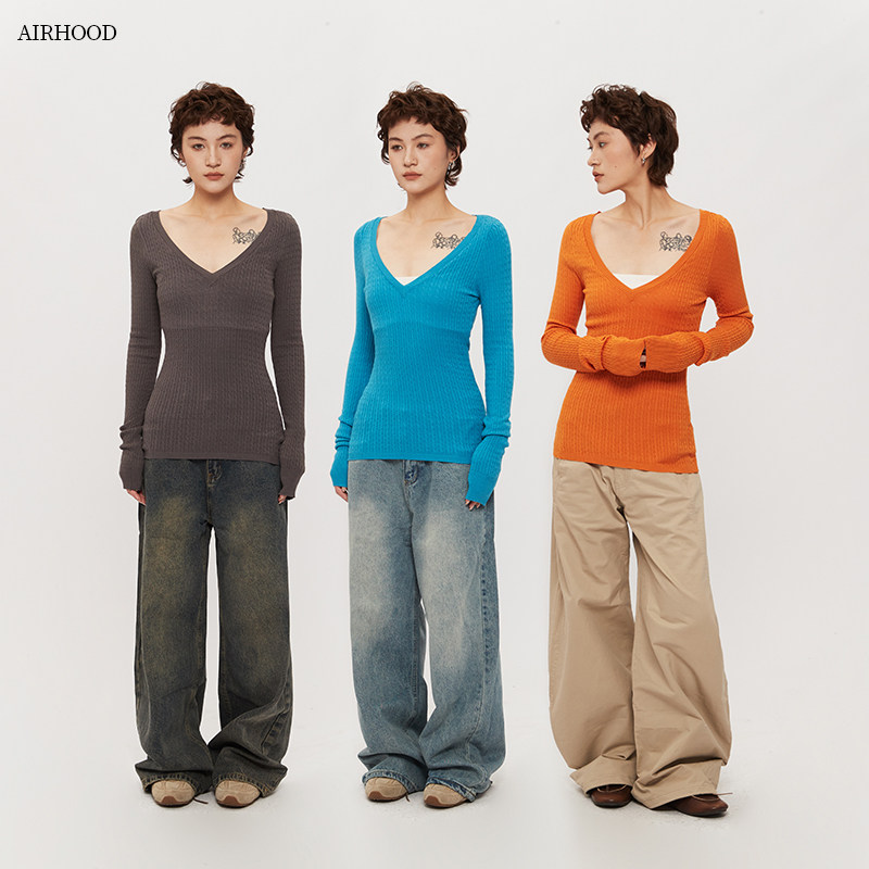 AIRHOOD纯色深V领长袖针织衫女2025秋冬修身显瘦辣妹内搭打底上衣