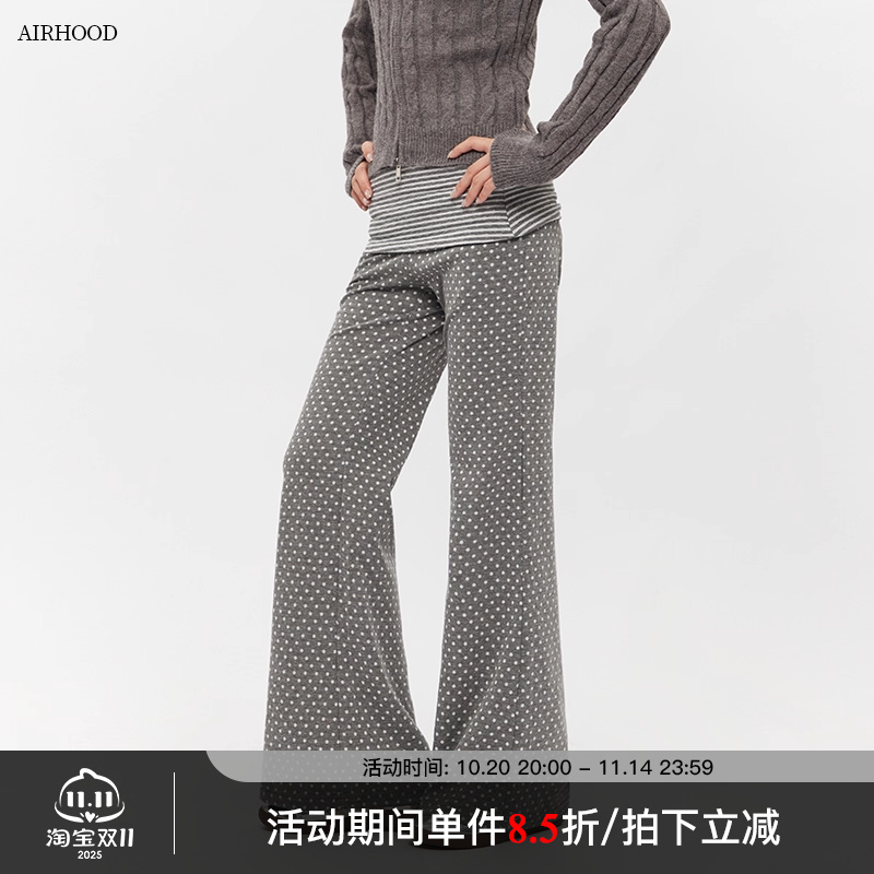 AIRHOOD 高腰波点印花修身休闲裤女秋季美式显瘦运动辣妹微喇叭裤