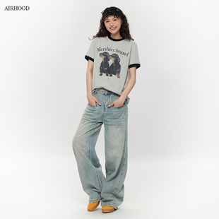 AIRHOOD T恤休闲百搭复古圆领上衣女ins 撞色欧美狗狗印花新款 短袖