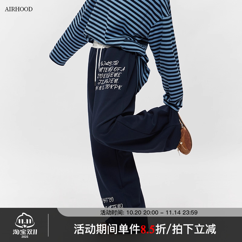 AIRHOOD 美式复古拼接字母印花运动休闲卫裤女宽松直筒阔腿长裤春