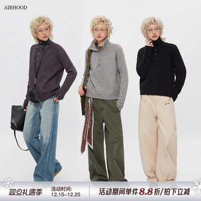 AIRHOOD 美式2025秋冬季半高领针织衫宽松套头内搭打底短款毛衣女