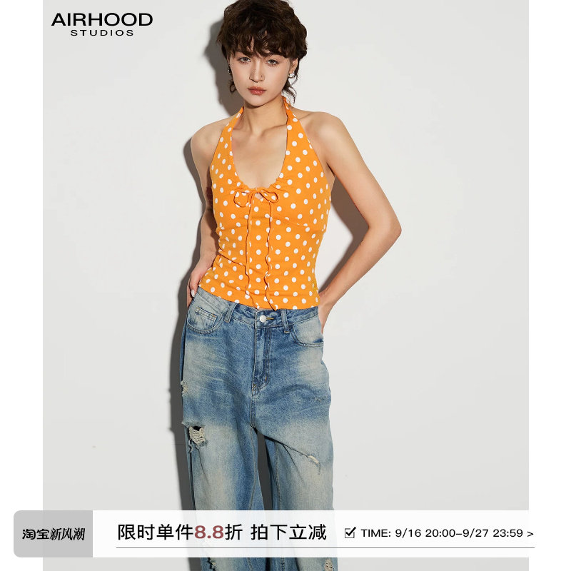 AIRHOOD 美式辣妹橘橙色波点挂脖吊带背心女夏修身蝴蝶结露背上衣图片