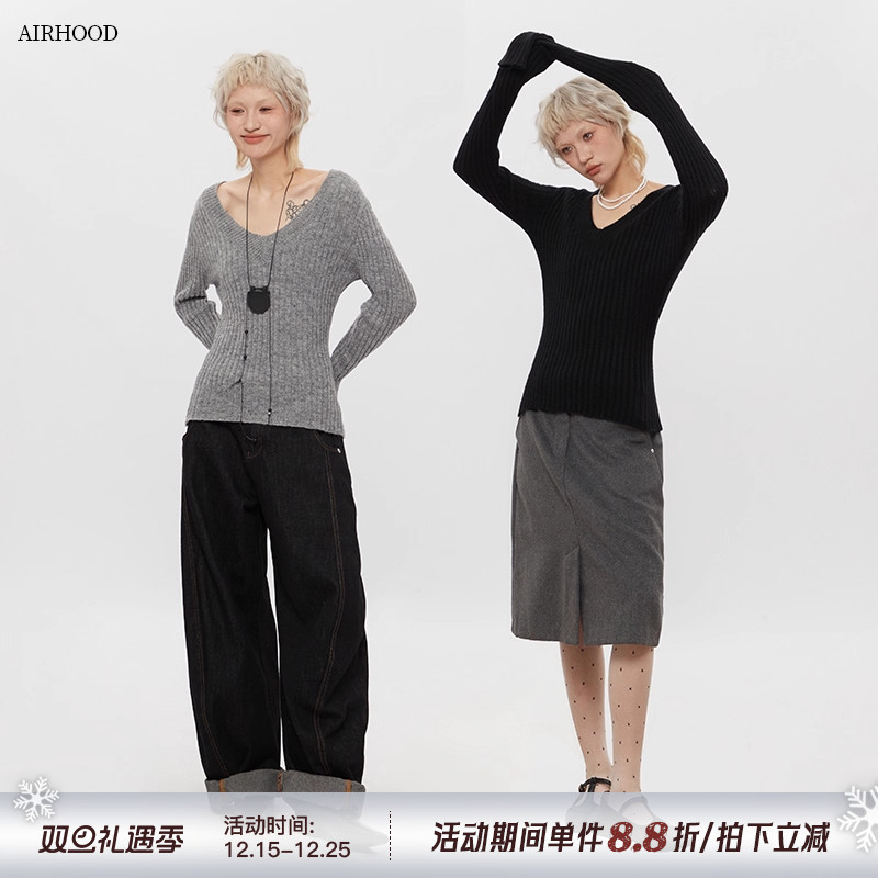 AIRHOOD 2025秋冬季复古v领内搭长袖针织衫女修身毛衣ins打底上衣
