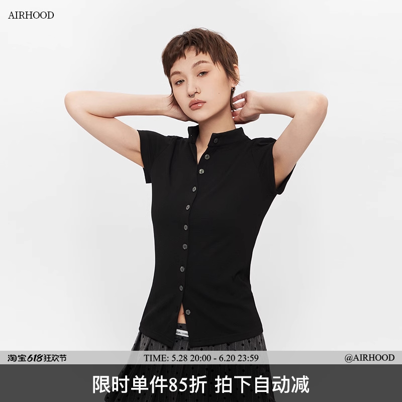 AIRHOOD 2025夏季新款女装高级半高领正肩修身短袖开衫T恤女上衣