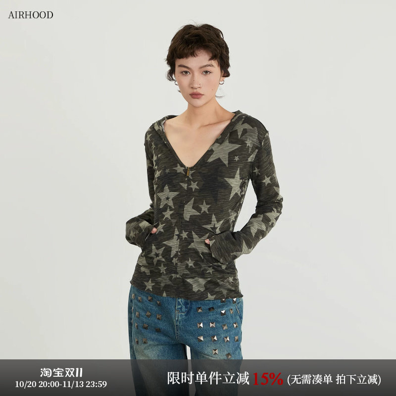 AIRHOOD 美式春秋季迷彩打底连帽长袖t恤女深V领内搭修身罩衫上衣