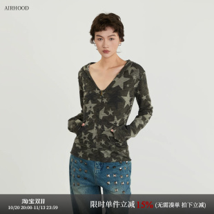 AIRHOOD 美式春秋季迷彩打底连帽长袖t恤女深V领内搭修身罩衫上衣
