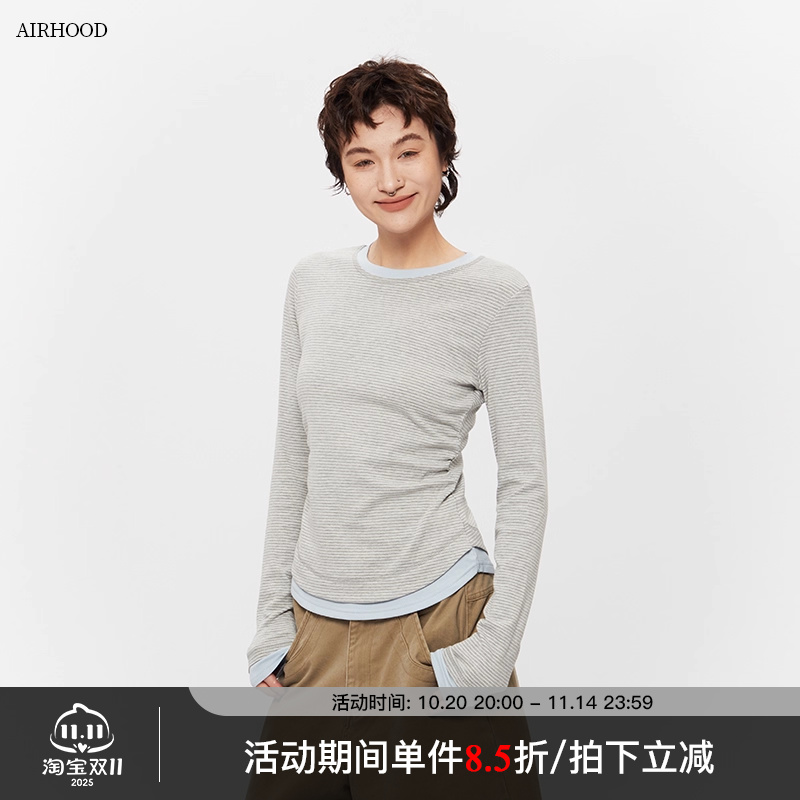 AIRHOOD 假两件收腰复古条纹长袖t恤女春秋修身内搭打底衫上衣ins