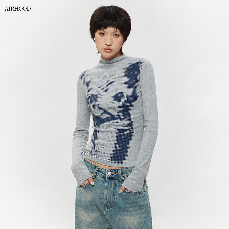 thumbnail for AIRHOOD 2026 American Spring and Autumn Slim Length Shoulder Long Sleeve T-shirt Semi-High Collar Inner Underwear Top Women