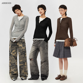 长袖 AIRHOOD 内搭打底衫 春秋2025亨利v领假两件上衣女修身 T恤 美式