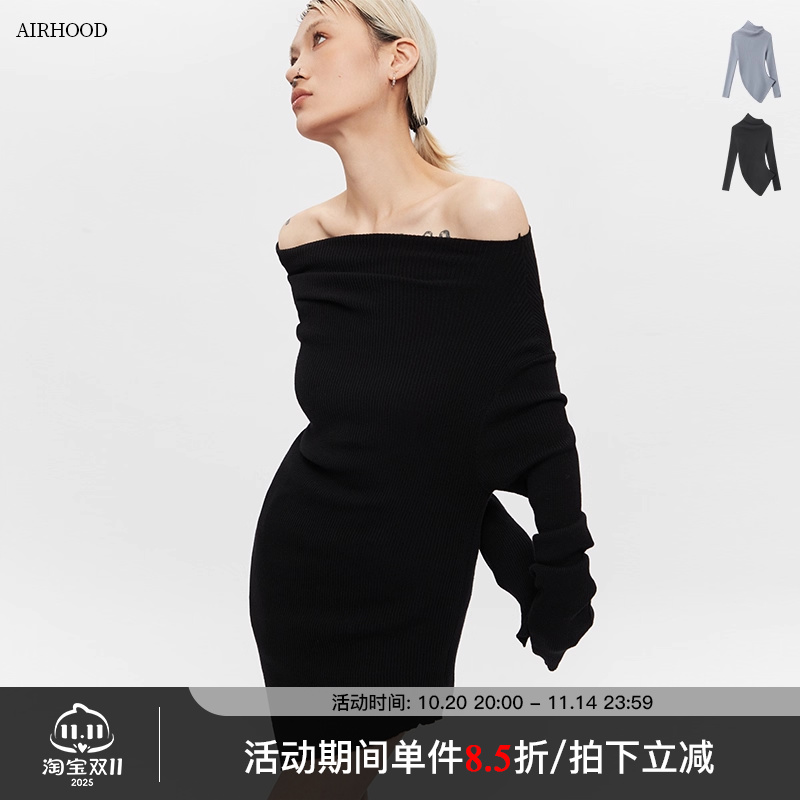AIRHOOD 2025一字肩修身气质针织衫上衣女内搭长袖不规则斜肩毛衣