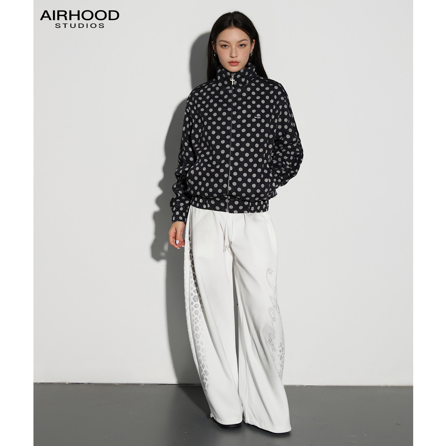 AIRHOOD 美式休闲波点立领短外套女春秋季复古百搭拉链牛仔夹克男