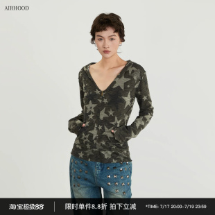 AIRHOOD 美式春夏季迷彩打底连帽长袖t恤女深V领内搭防晒罩衫上衣