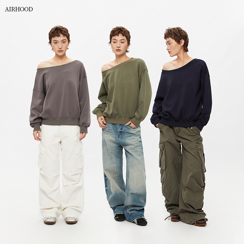 AIRHOOD 美式2025春秋季大领口露肩卫衣女宽松慵懒风斜肩短款长袖