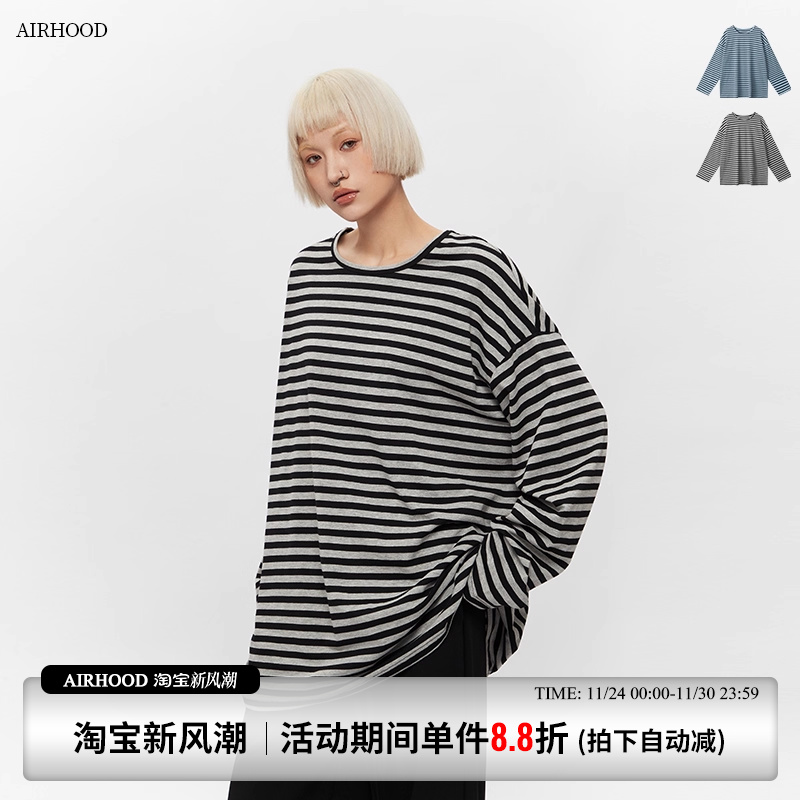 AIRHOOD 2025秋季oversize时尚条纹t恤女长袖宽松慵懒松弛感上衣