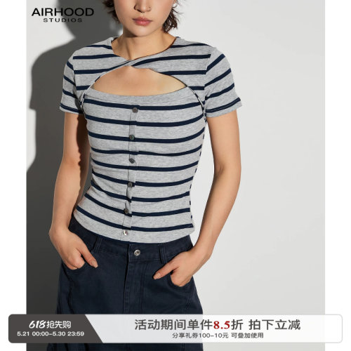 AIRHOOD 韩式条纹镂空正肩短袖T恤女夏修身显瘦纽扣百搭辣妹上衣