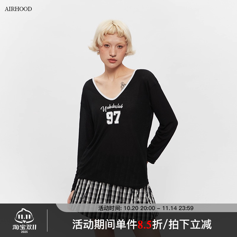 AIRHOOD 早春松弛慵懒感美式上衣字母印花性感辣妹大v领t恤女长袖
