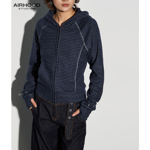 AIRHOOD 美式条纹连帽卫衣女拉链开衫外套休闲百搭修身运动上衣秋