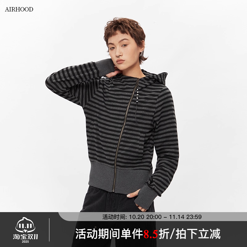 AIRHOOD 秋季条纹拉链开衫短款长袖连帽卫衣女修身不规则拼接外套