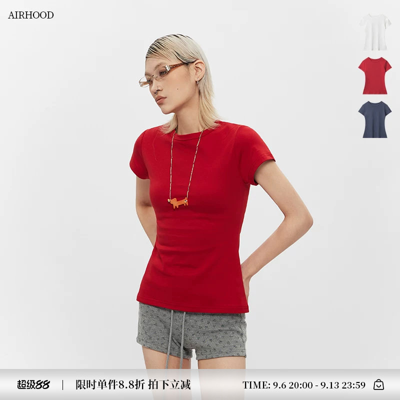 AIRHOOD 夏季多巴胺ins显白红色上衣女短袖显身材修身正肩t恤纯棉图片