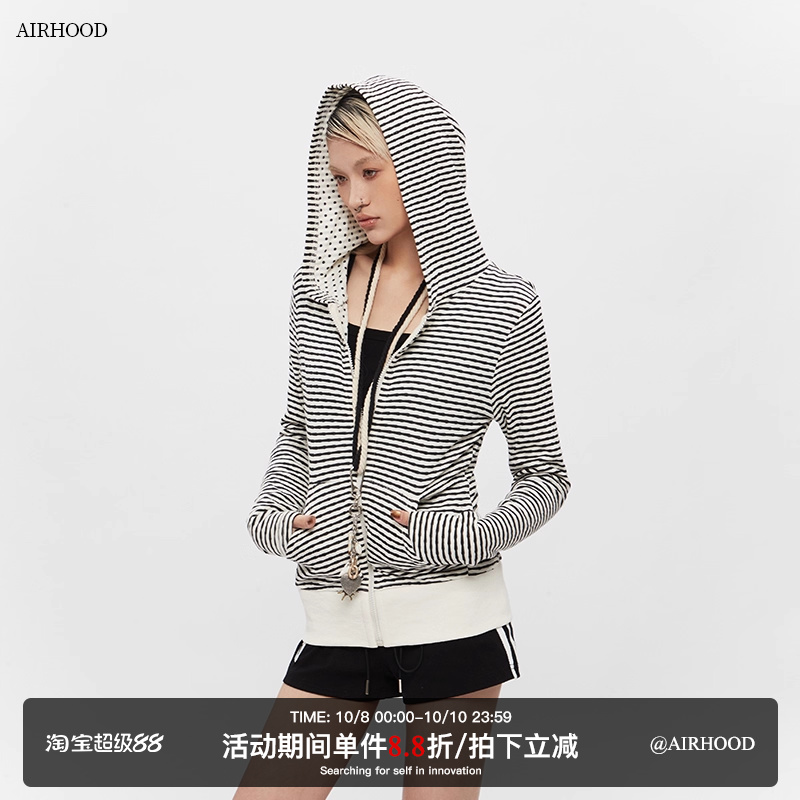 AIRHOOD 2025条纹斑点连帽修身卫衣外套女早秋两面穿短款正肩上衣