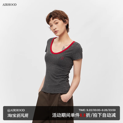 AIRHOOD夏季2025新款撞色大领口短袖t恤女修身U领辣妹正肩上衣ins