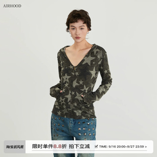 AIRHOOD 美式春秋季迷彩打底连帽长袖t恤女深V领内搭修身罩衫上衣