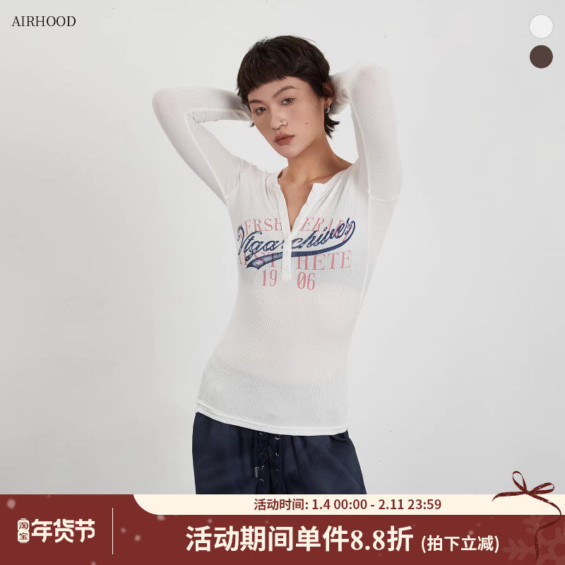 AIRHOOD美式复古印花修身显瘦长袖T恤女亨利领辣妹正肩打底衫上衣,女装/女士精品,T恤,淘宝优惠券,粉丝福利购,淘宝优惠卷