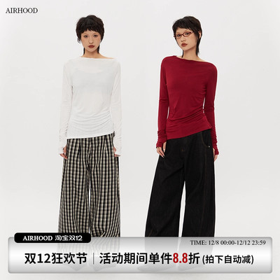 AIRHOOD 红色辣妹斜肩收腰秋季t恤露肩内搭打底衫修身长袖上衣女