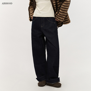 百搭情侣裤 AIRHOOD 女宽松直筒阔腿长裤 复古秋冬深蓝牛仔裤 子 美式