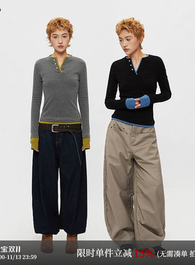 AIRHOOD美式假两件拼接内搭V领长袖T恤女修身显瘦打底短款上衣ins
