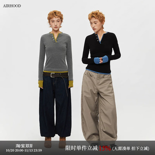 AIRHOOD美式假两件拼接内搭V领长袖T恤女修身显瘦打底短款上衣ins
