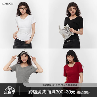 基础款 AIRHOOD 显瘦百搭正肩短款 T恤女2024夏修身 上衣 白色v领短袖