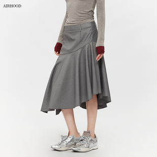 高腰不规则半身裙女灰色垂感包臀西装 新款 裙子 2025早秋季 AIRHOOD