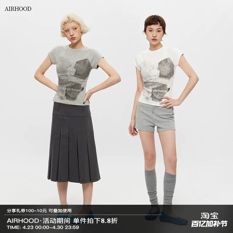 AIRHOOD美式圆领复古正肩短袖T恤女修身印花夏季短款辣妹紧身上衣
