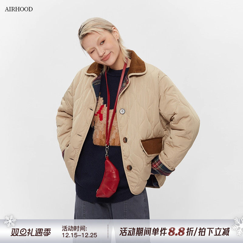 AIRHOOD 冬季轻薄菱格两面穿保暖棉服外套女2025新款宽松情侣棉衣