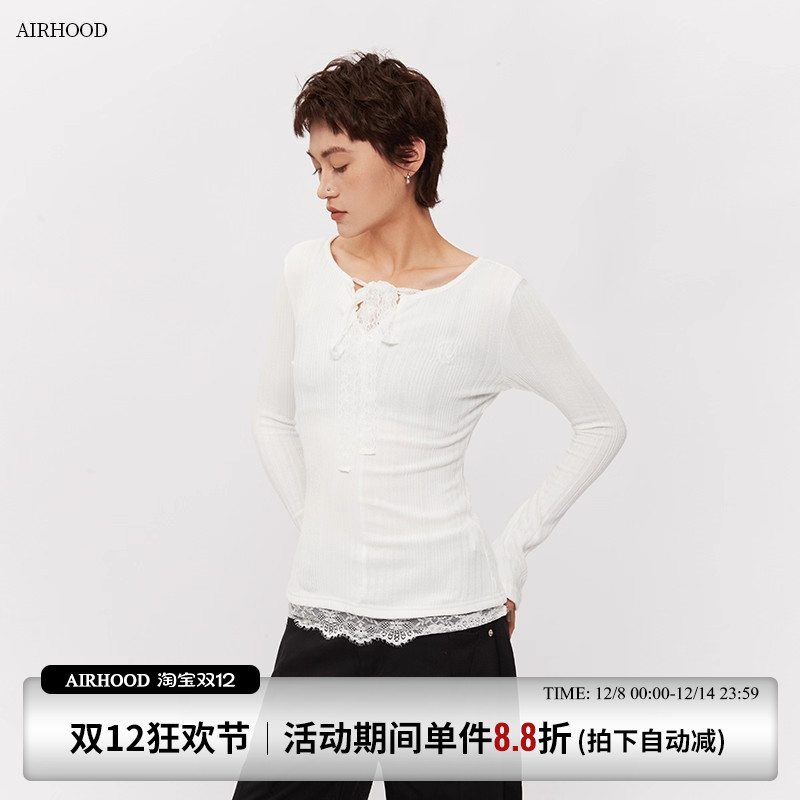 AIRHOOD春秋2025季蕾丝花边长袖T恤女设计感小众修身内搭打底上衣