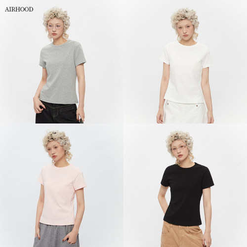 AIRHOOD 正肩基础款纯色圆领短袖T恤女2025夏季新款修身显瘦上衣