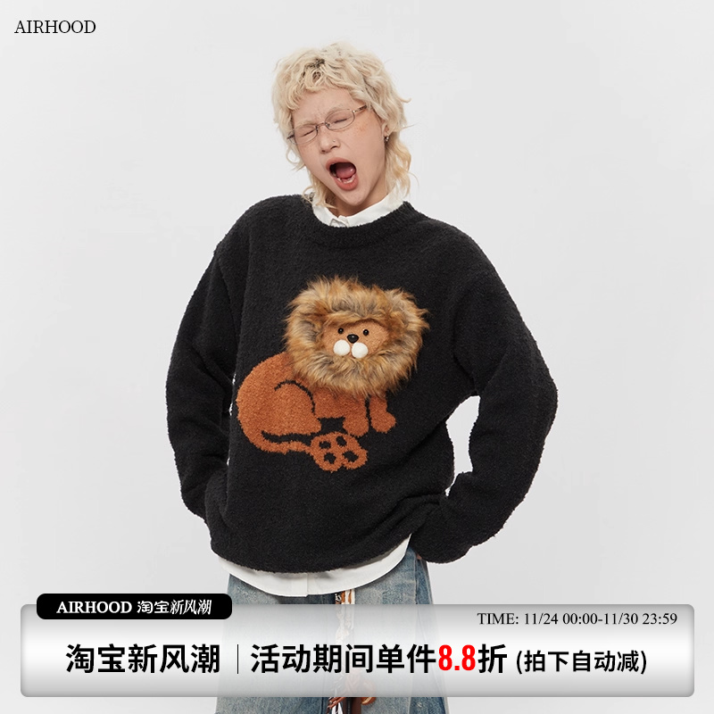 AIRHOOD 2025狮子美式情侣圆领套头毛衣女秋冬新款宽松慵懒针织衫