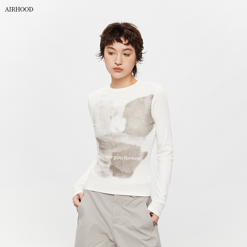 AIRHOOD 小熊美式复古正肩长袖T恤女秋季修身内搭打底衫辣妹上衣