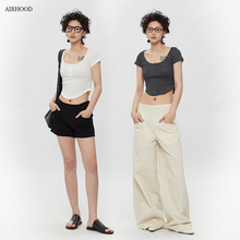 AIRHOOD 大U领口露脐高腰辣妹短袖正肩上衣纯欲修身显瘦短款T恤女