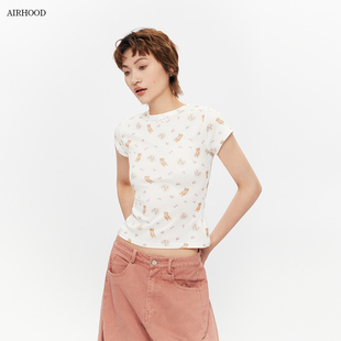 2025夏季 小熊圆领正肩短袖 AIRHOOD 新款 上衣 T恤女ins修身 显瘦短款